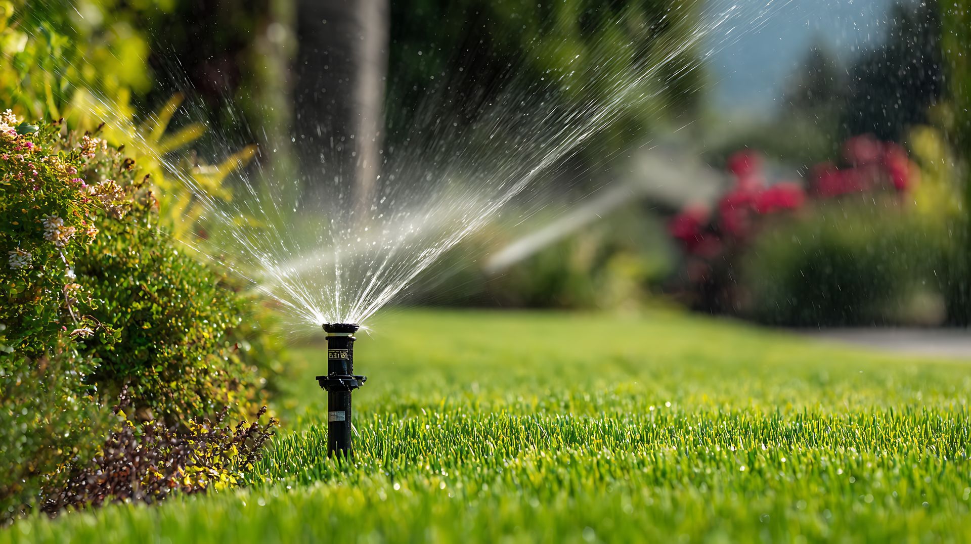 Unrecognized contractor hands installing lawn sprinkler system near new home. Lawn sprinkler spraying water across a healthy green lawn beside a garden bed