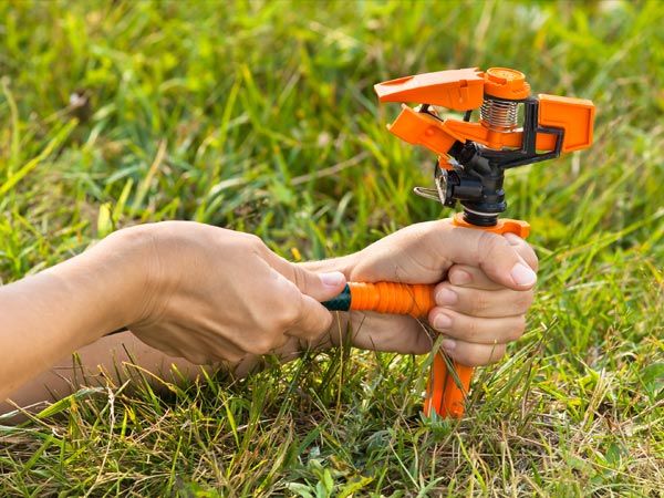Person's hands holding an orange sprinkler in green grass.