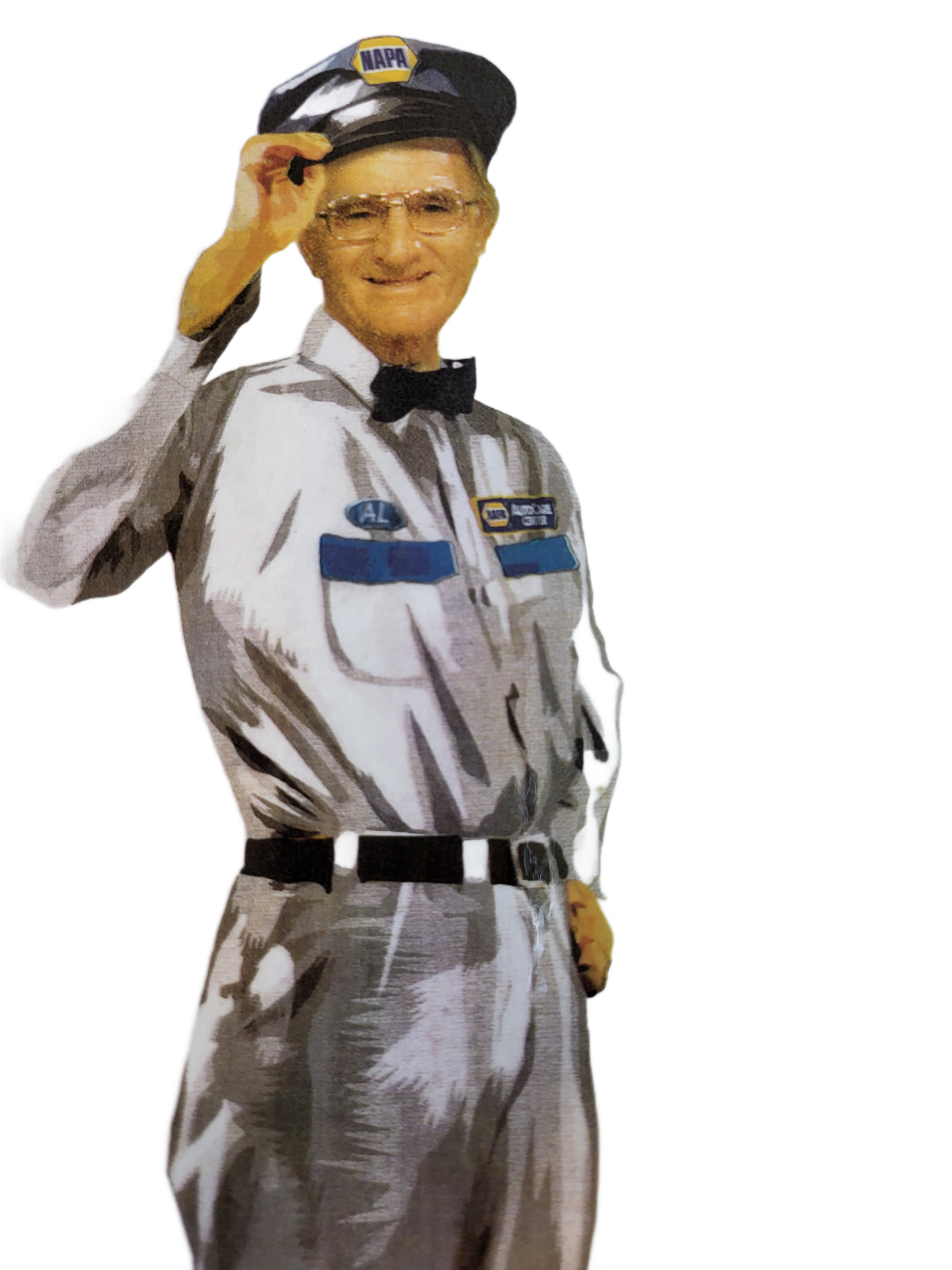 A man in an out mechanics uniform has a badge on his hat that says NAPA