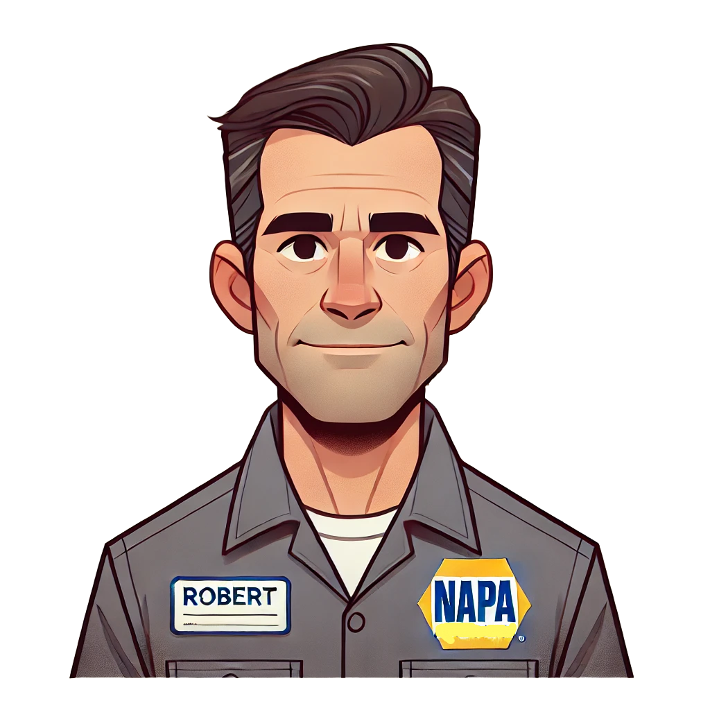 A cartoon of a man wearing a napa auto parts uniform.
