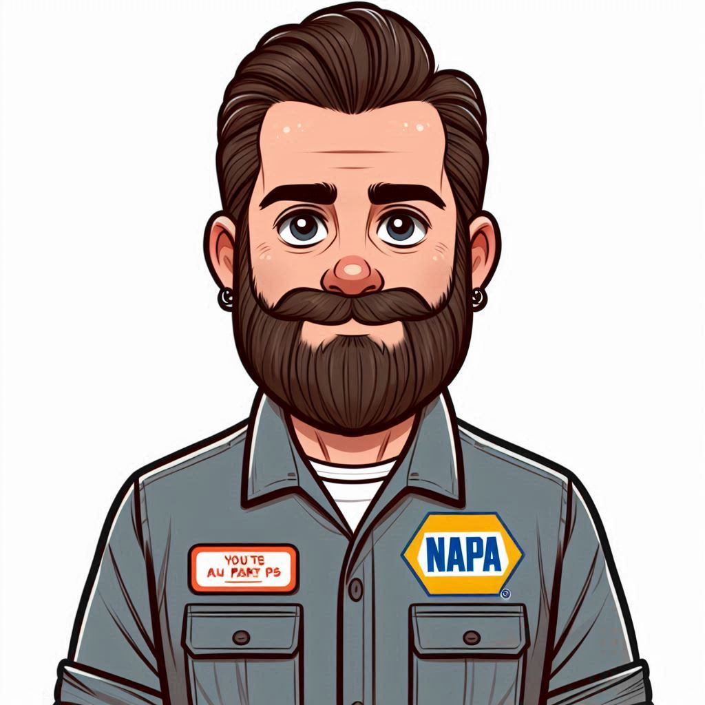 A cartoon illustration of a man with a beard and mustache wearing a napa uniform.