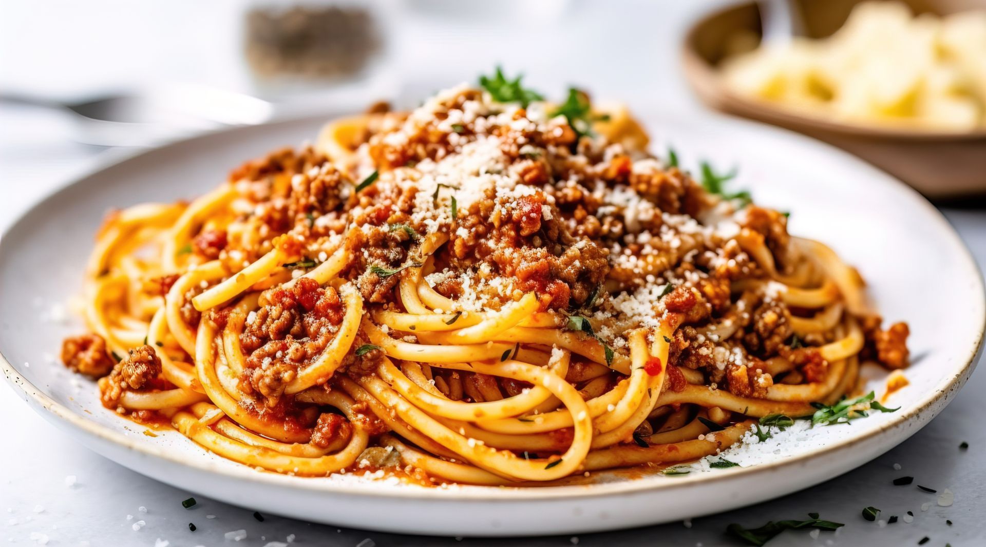 Plate of spaghetti with meat sauce and grated cheese on a white dish