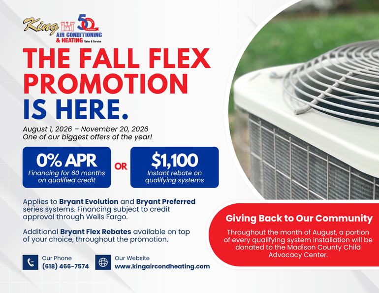 May Comfort Upgrade Special ad with Bryant air conditioner and red-blue promotional text, King Air Conditioning logo