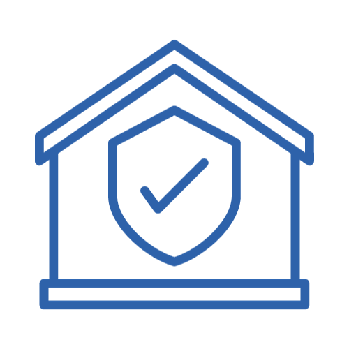 Blue house outline with shield and checkmark, symbolizing home security or protection