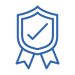 Blue shield badge with a checkmark and ribbons, symbolizing security or approval