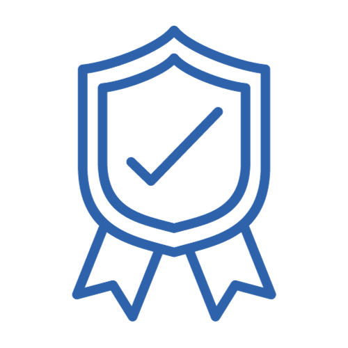 Blue shield badge with a checkmark and ribbons, symbolizing security or approval