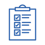 Blue clipboard with three checked items and horizontal lines on a white background