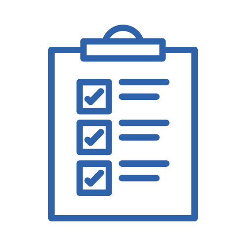 Blue clipboard with three checked items and horizontal lines on a white background