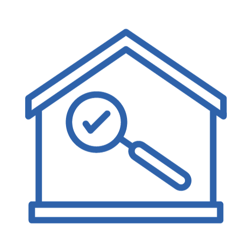 Blue house outline with a magnifying glass and checkmark icon inside