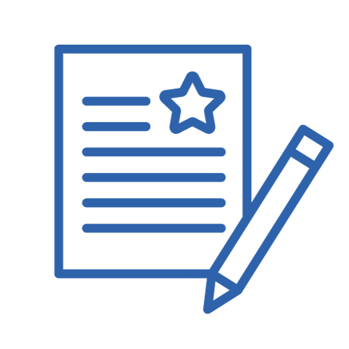 Blue outline of a document with a star and pencil, suggesting editing or writing a review.
