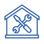 Blue line icon of a house with crossed wrench and screwdriver, representing home repair or maintenance