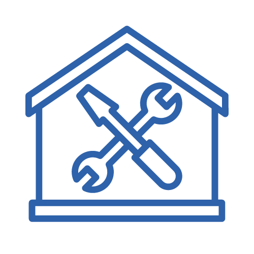 Blue line icon of a house with crossed wrench and screwdriver, representing home repair or maintenance