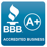 BBB Accredited Business badge with A+ rating in blue and white.