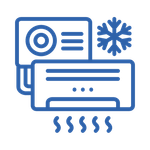 Blue line icon of an air conditioner with a snowflake and heat waves above and below it