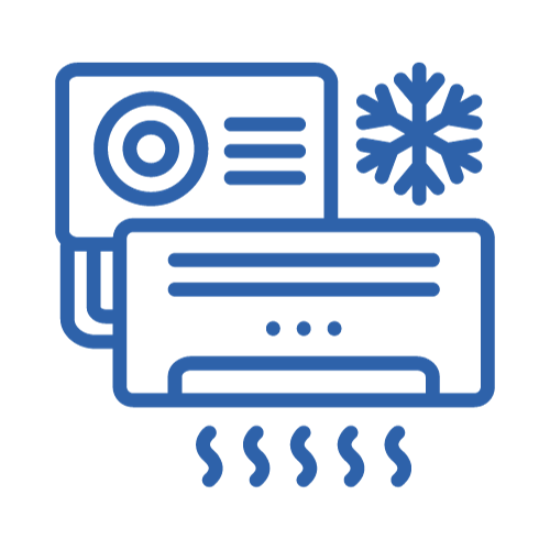 Blue line icon of a split air conditioner with snowflake and heat waves, showing cooling and heating functions