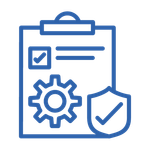 Blue clipboard with checklist, gear, and shield checkmark icon representing security and settings