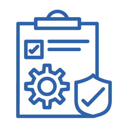 Blue clipboard with checklist, gear, and shield checkmark icon representing security and settings