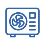 Blue outline icon of an air conditioner unit with fan and control panel lines