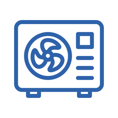 Blue outline icon of an air conditioner unit with fan and control panel lines