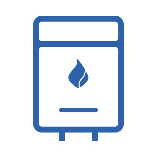 Blue gas heater icon on a white background with a flame symbol and two feet.