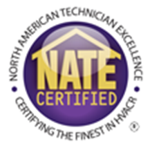 NATE Certified logo with purple circle, gold text, and “North American Technician Excellence” around it