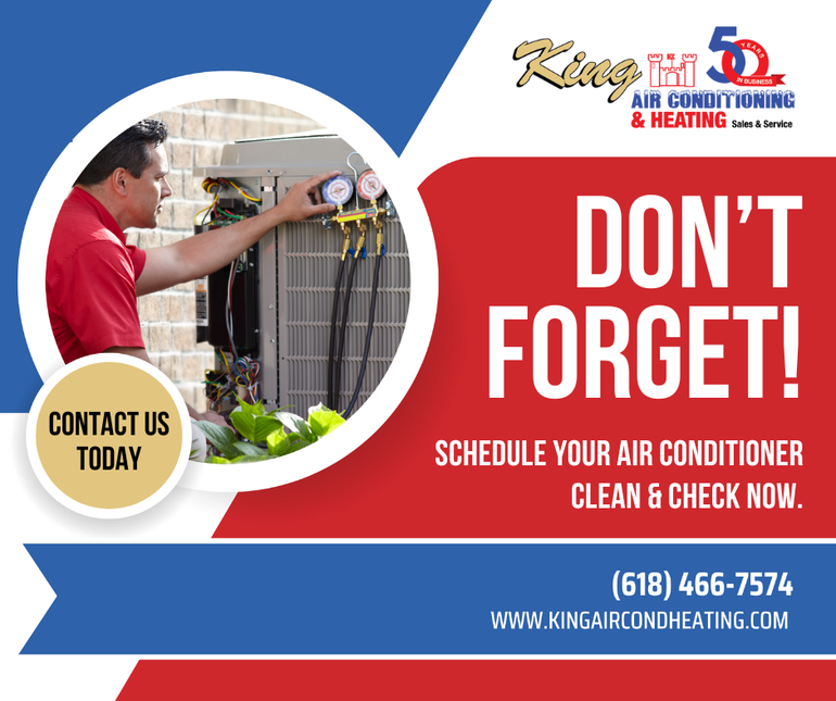 HVAC ad with technician servicing unit, “Don’t forget!” air conditioner clean and check now.