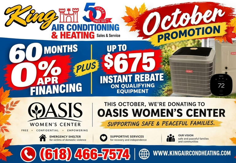 October HVAC promotion ad offering 60 months 0% APR financing and up to $675 instant rebate at King Air Conditioning