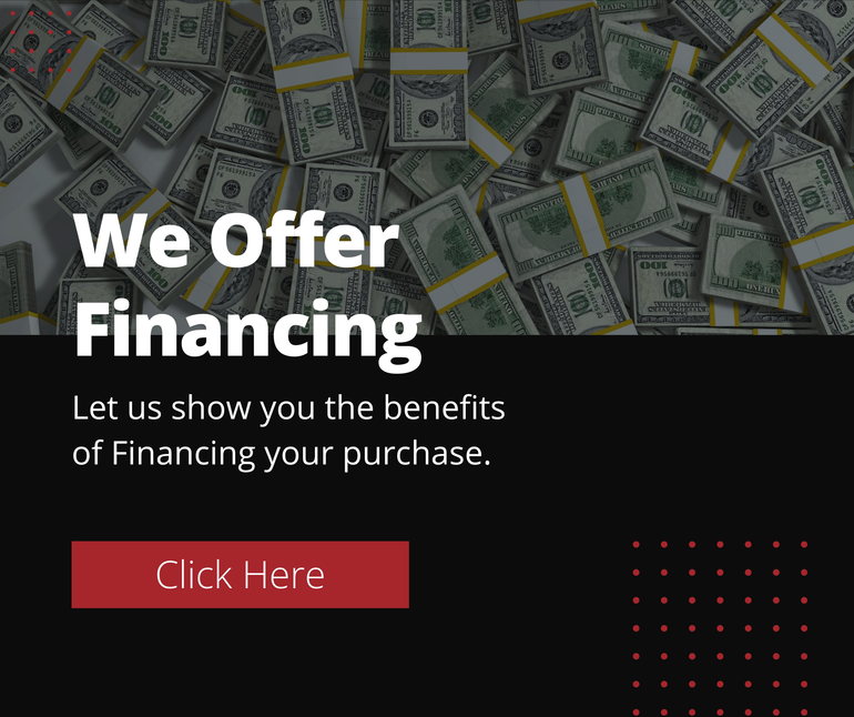 Financing ad with dollar bills, bold white text, and red “Click Here” button on a dark background