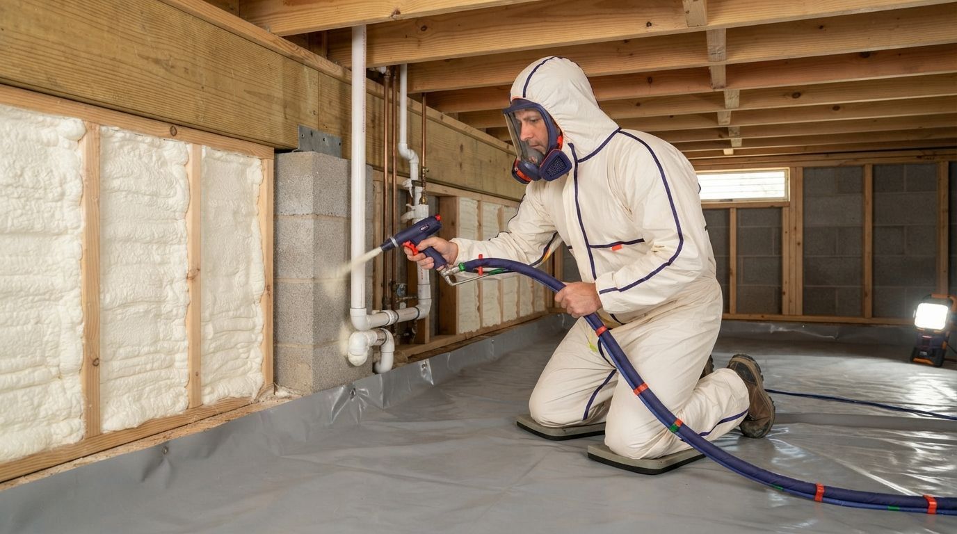 Temple crawl space insulation technician working around difficult framing
