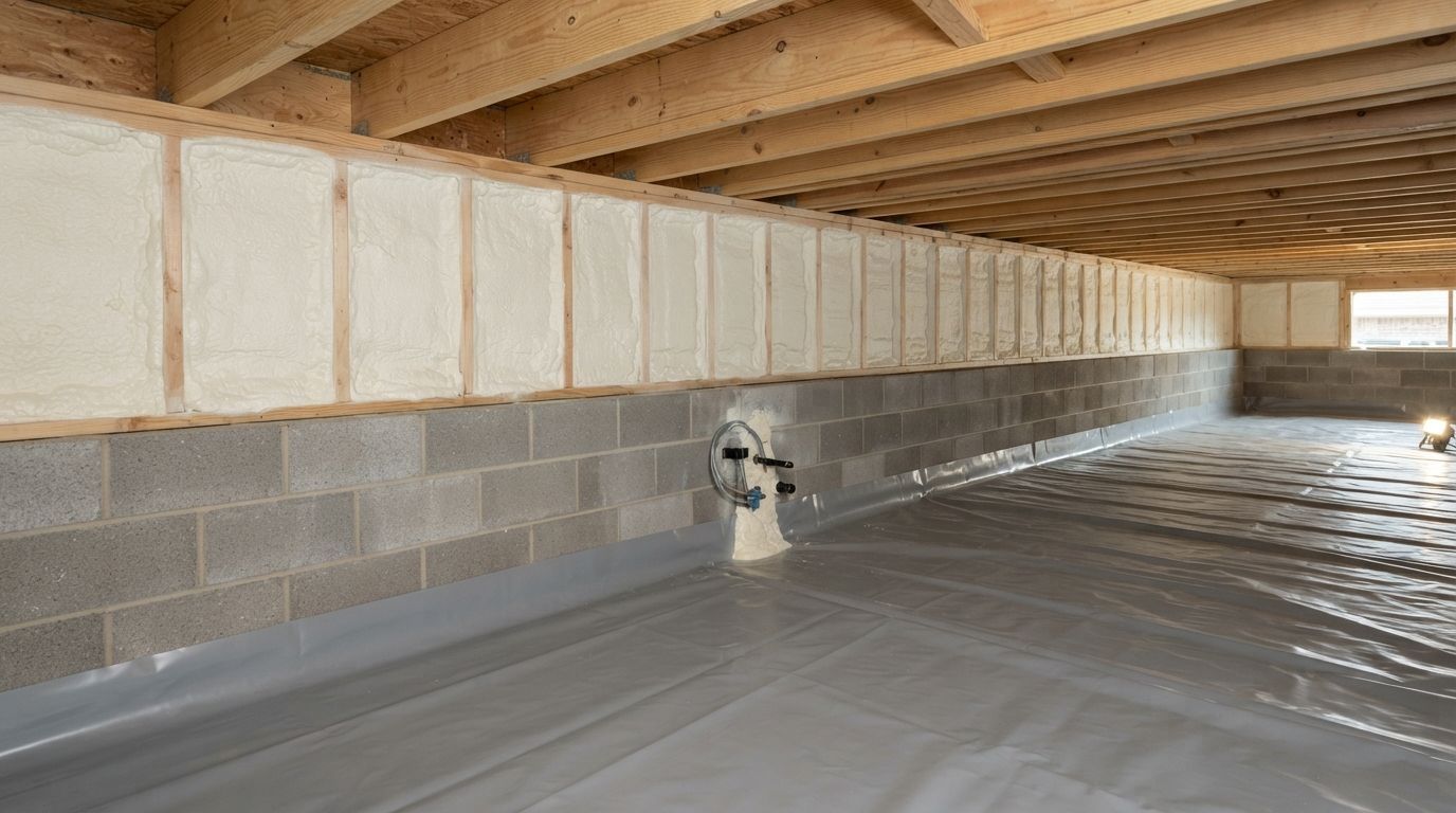 Completed crawl space foundation corner insulation in Temple Texas