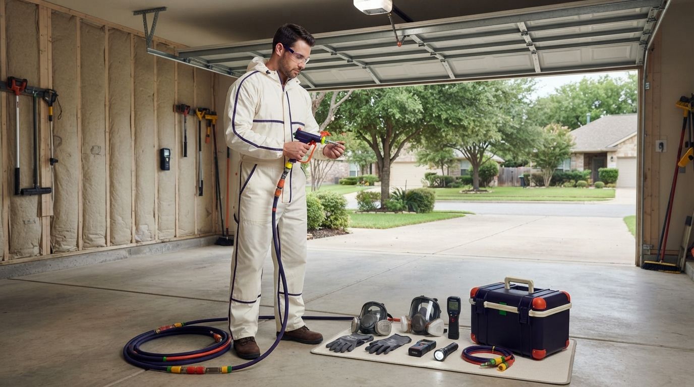 Temple spray foam technician preparing professional insulation equipment