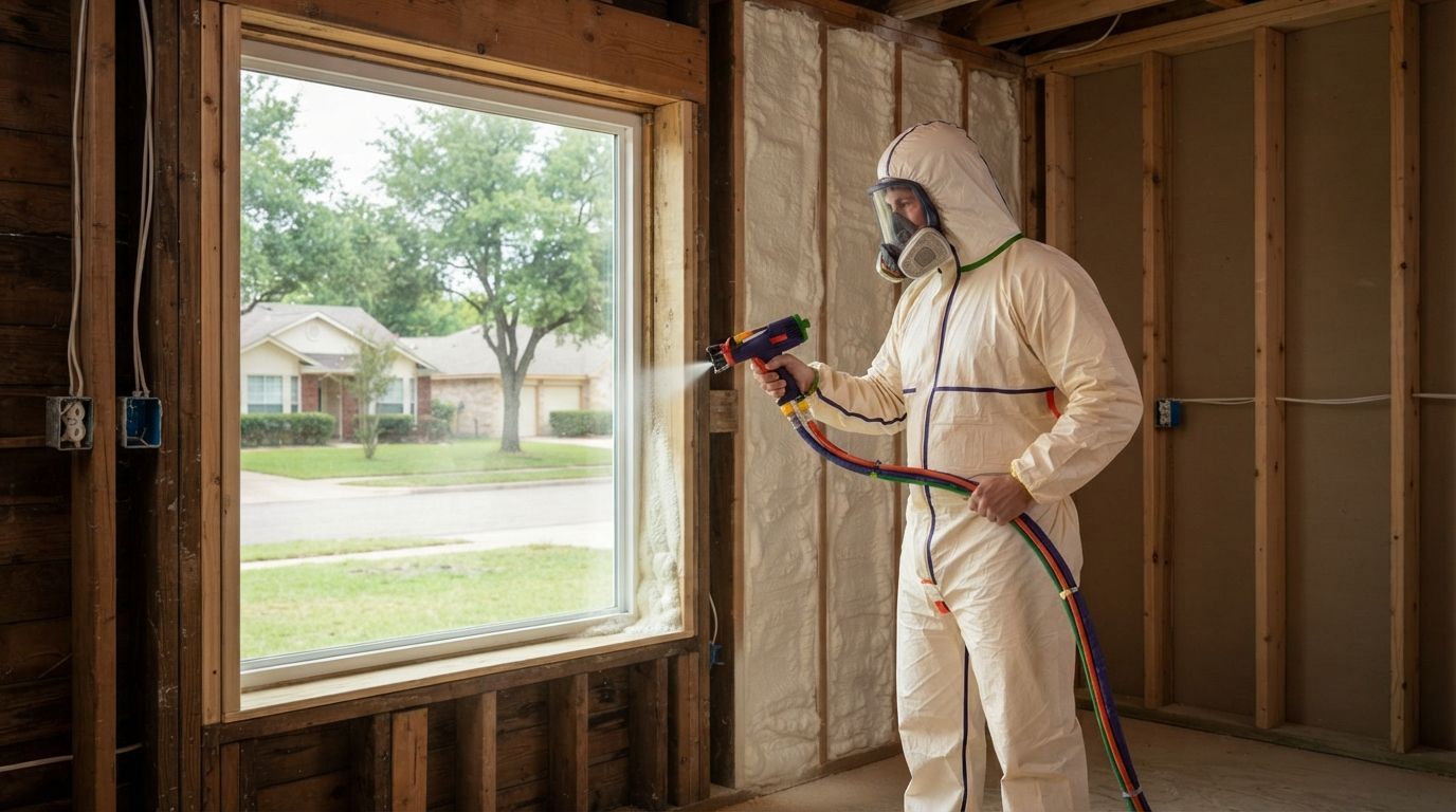 Spray foam technician working inside a Temple Texas home