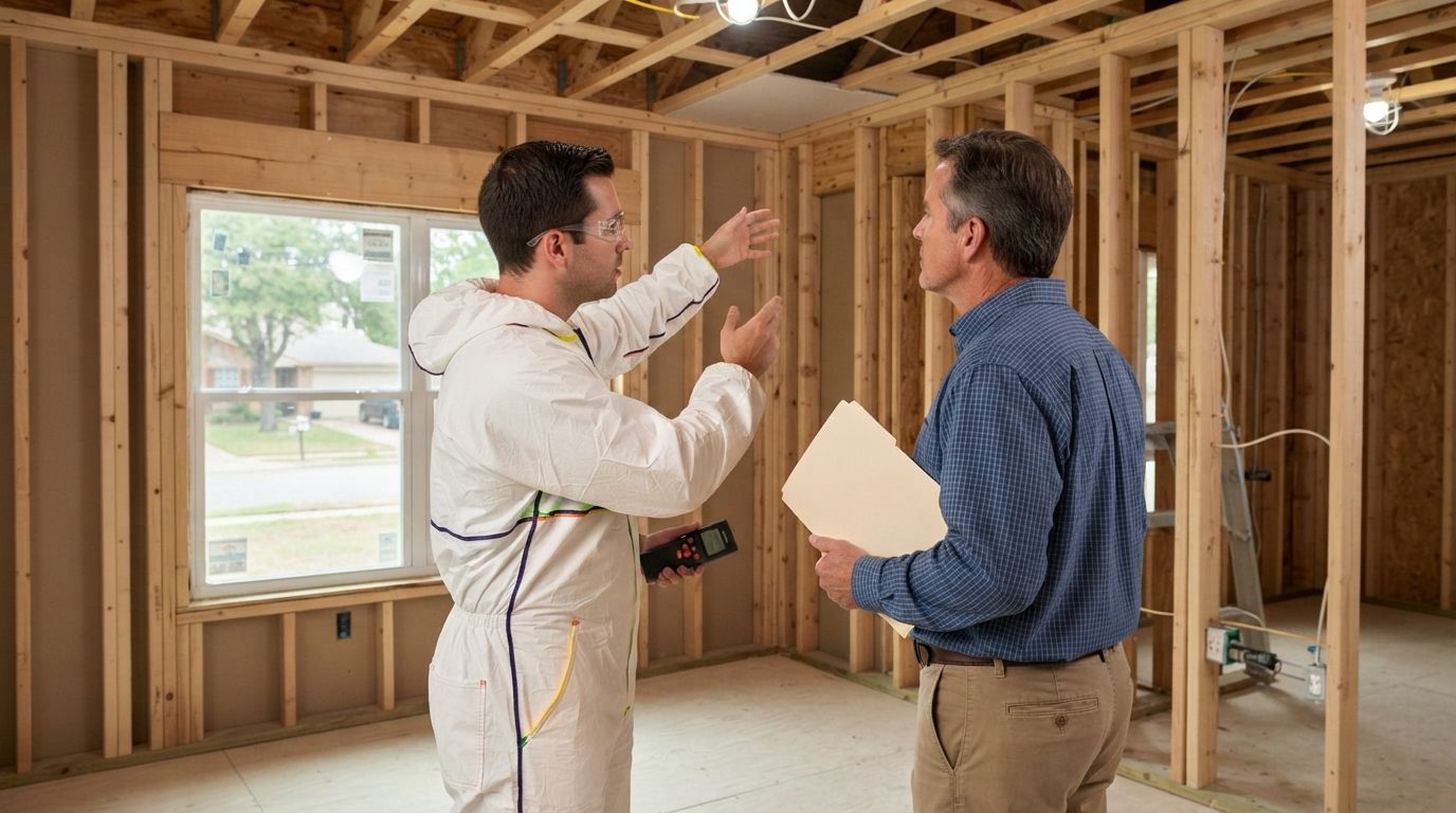 Temple homeowner reviewing a spray foam insulation project with a technician