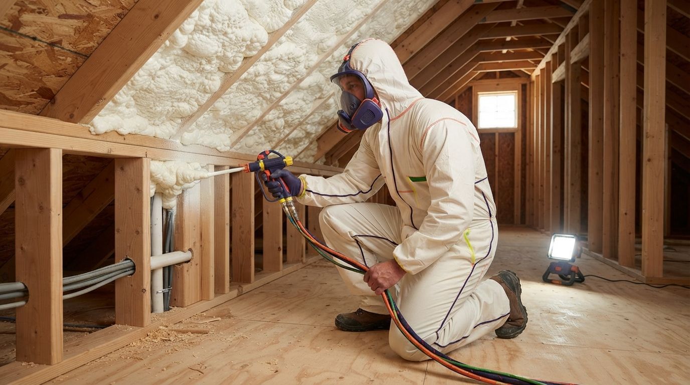 Temple technician installing closed cell spray foam in complex framing