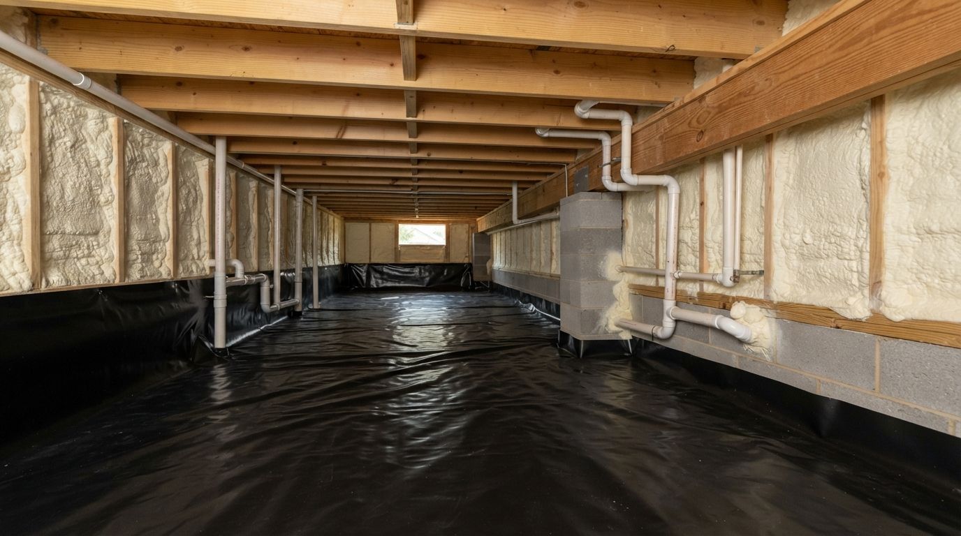 Completed closed cell rim joist insulation in a Temple Texas crawl space