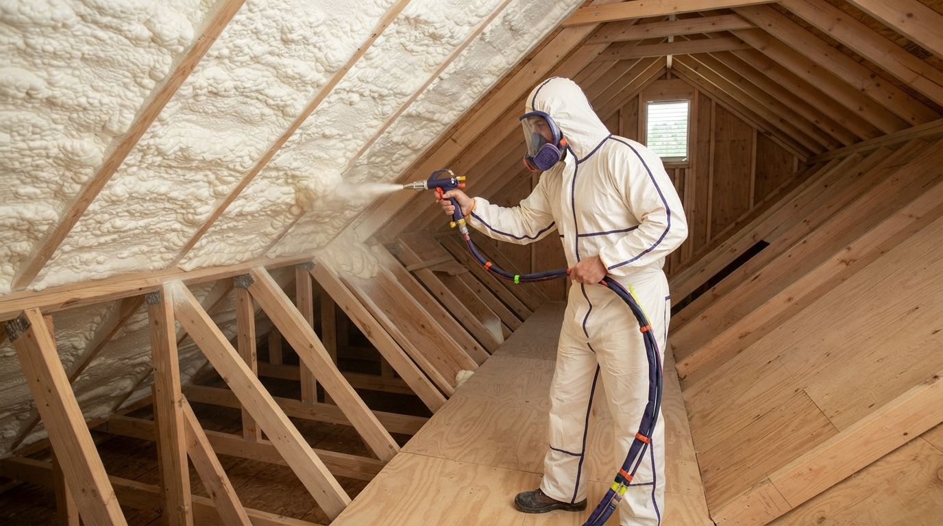 Temple technician installing open cell spray foam at a complex roof transition