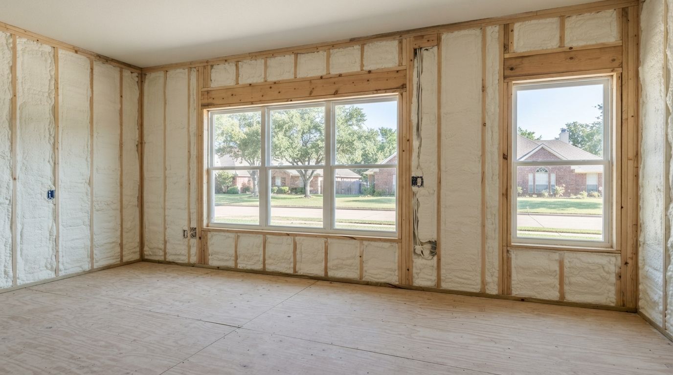 Completed open cell spray foam in a Temple Texas vaulted ceiling
