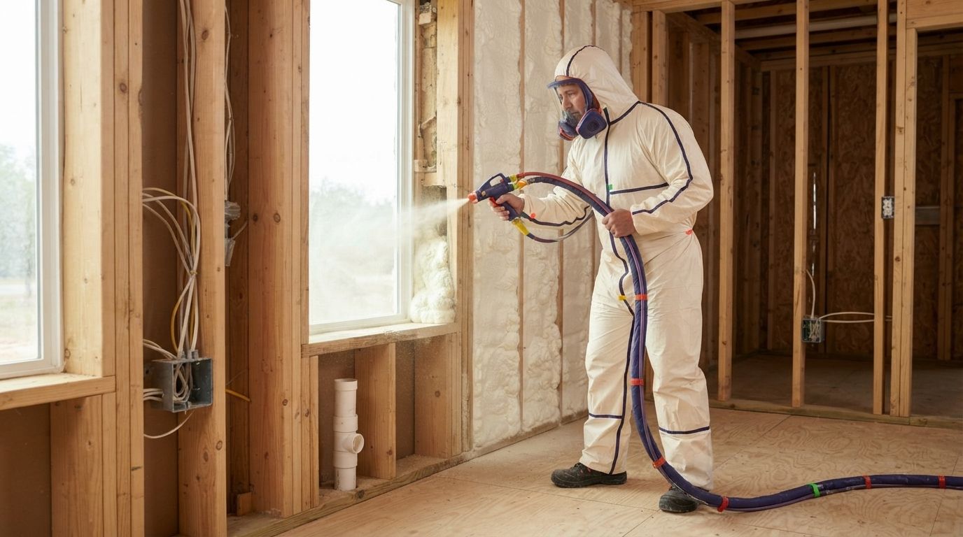 Temple technician installing spray foam around detailed wall framing