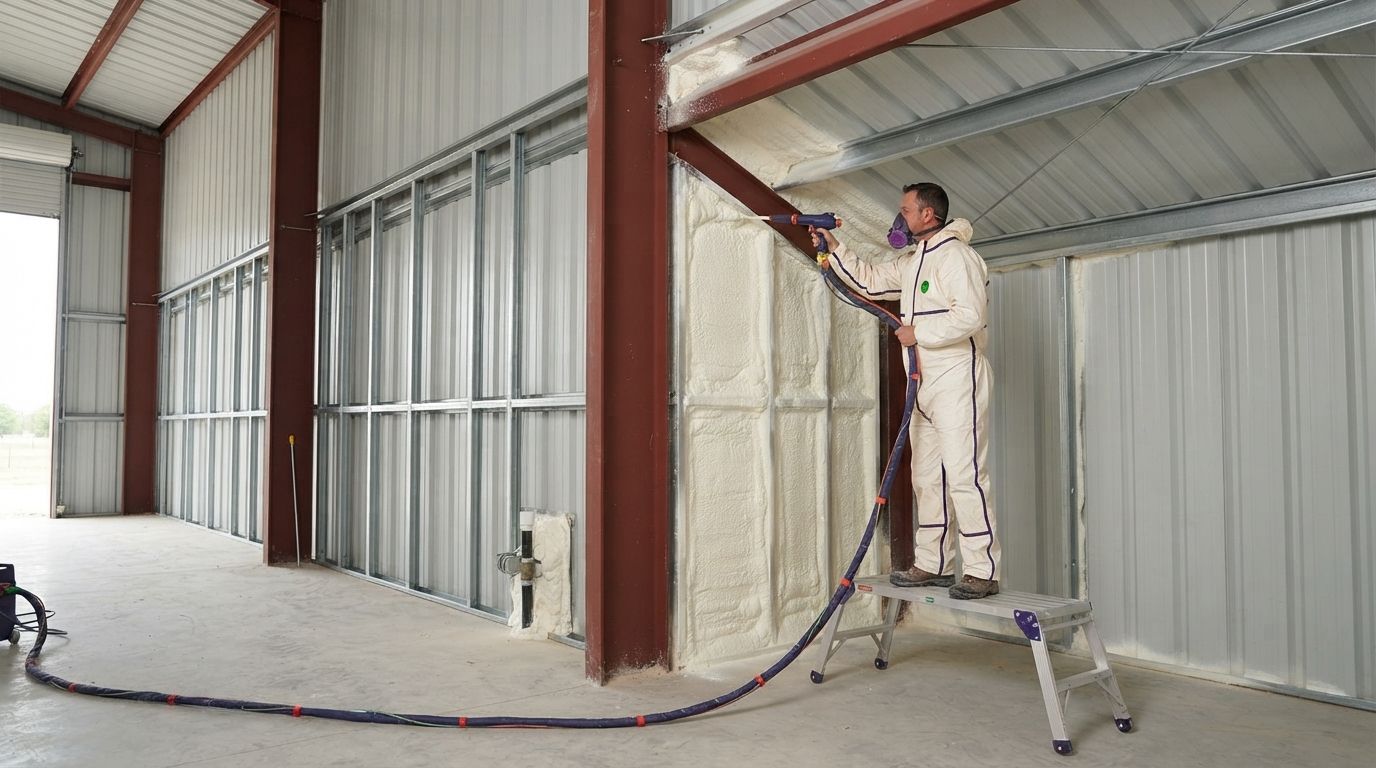 Temple technician installing spray foam around metal building framing