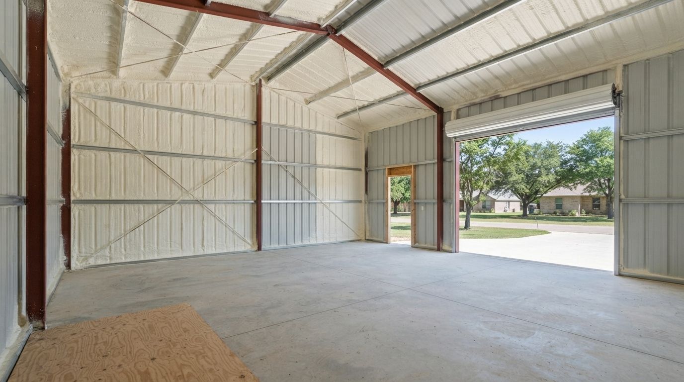 Completed large metal storage building spray foam insulation in Temple Texas