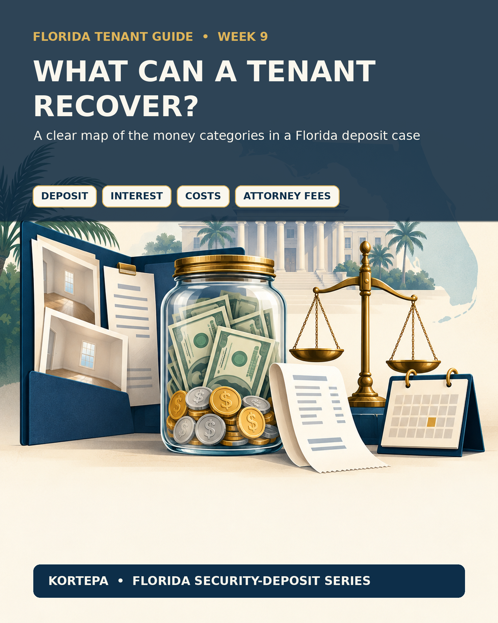 Illustrated Florida security-deposit recovery guide showing a deposit jar, courthouse, case file, receipt, calendar, and four recovery categories: deposit, interest, costs, and attorney fees.