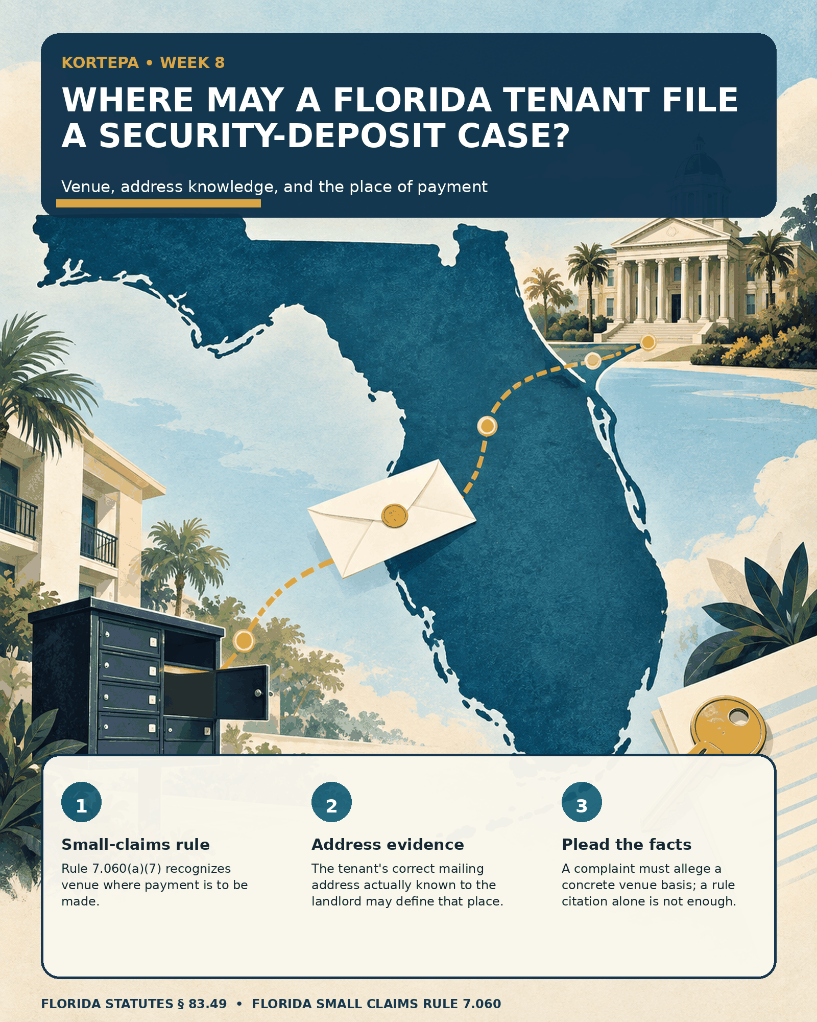 Florida security-deposit venue guide showing certified mail traveling from a tenant address toward a courthouse, with three points: Rule 7.060 place of payment, landlord address knowledge, and fact-specific venue pleading.