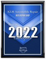 Framed blue award plaque reading “KLM Automobile Repair Auto Repair Shop Best of 2022”