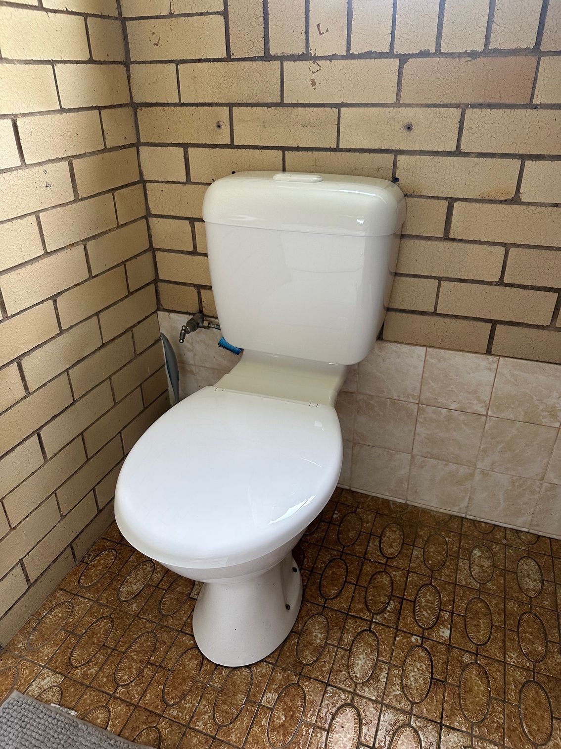 A White Toilet Is Sitting Against a Brick Wall — Otto’s Plumbing & Gasfitting in McDowall, QLD