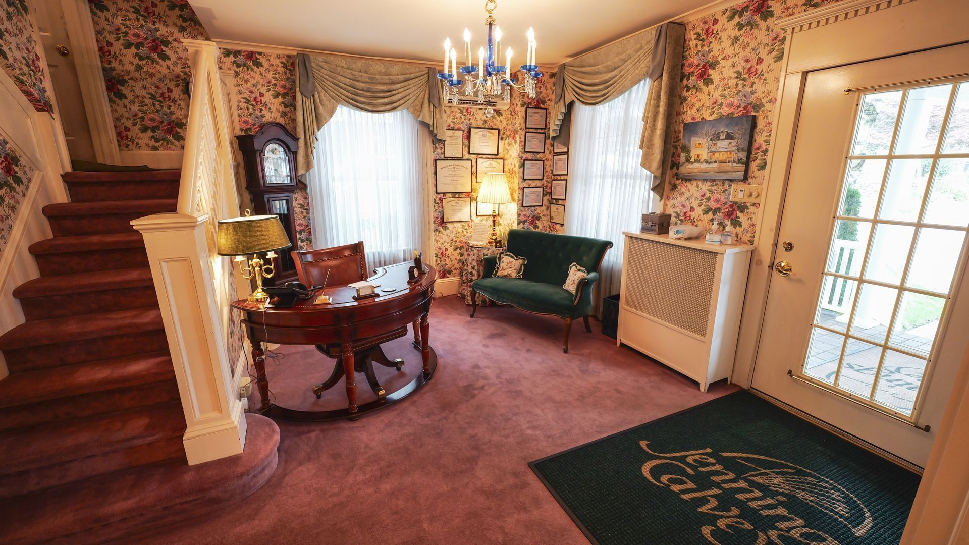 interior of jennings calvey funeral home main entrance area with staircase