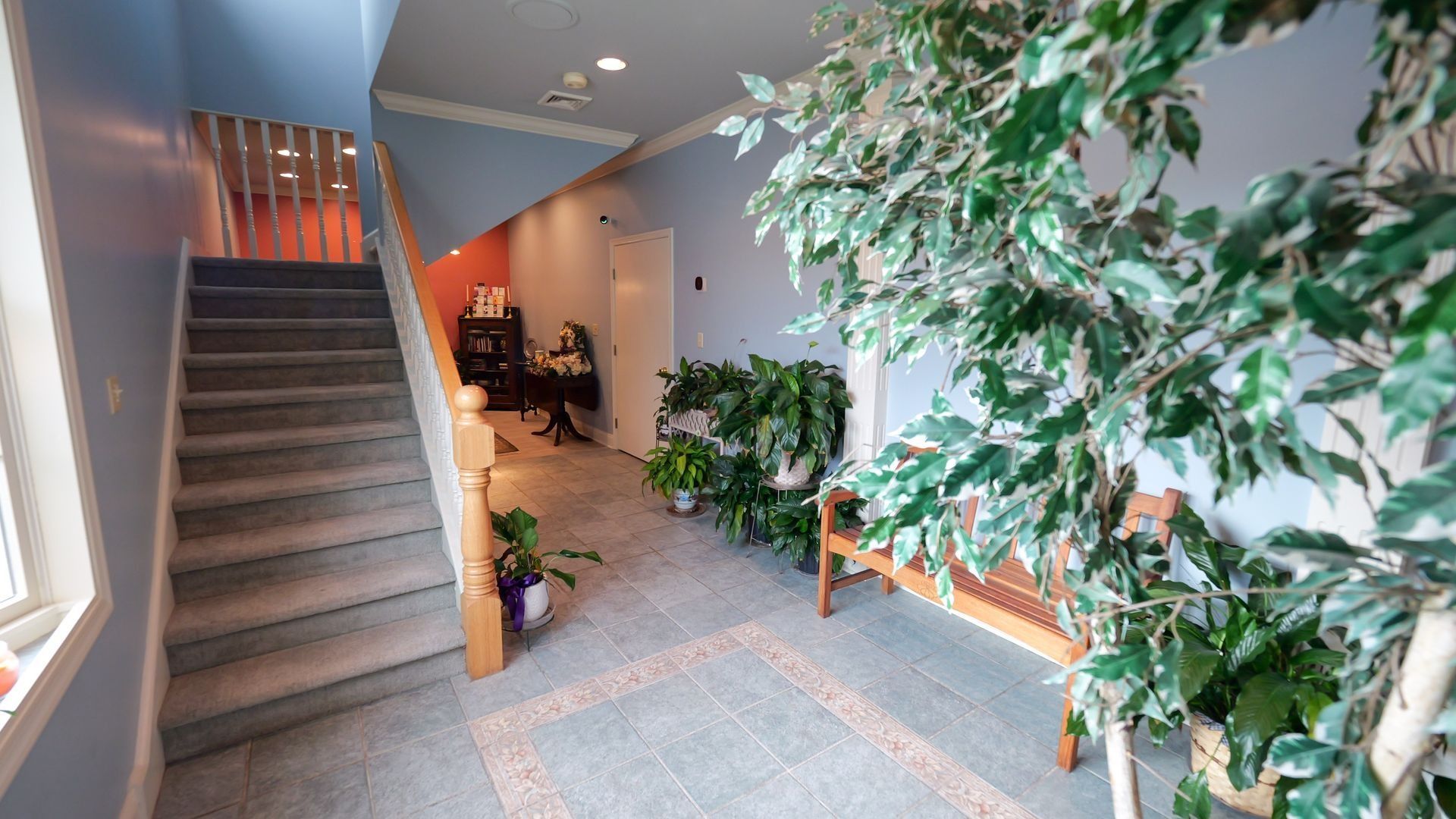 main entrance of aspen meadows pet memorial services with green plants and staircase