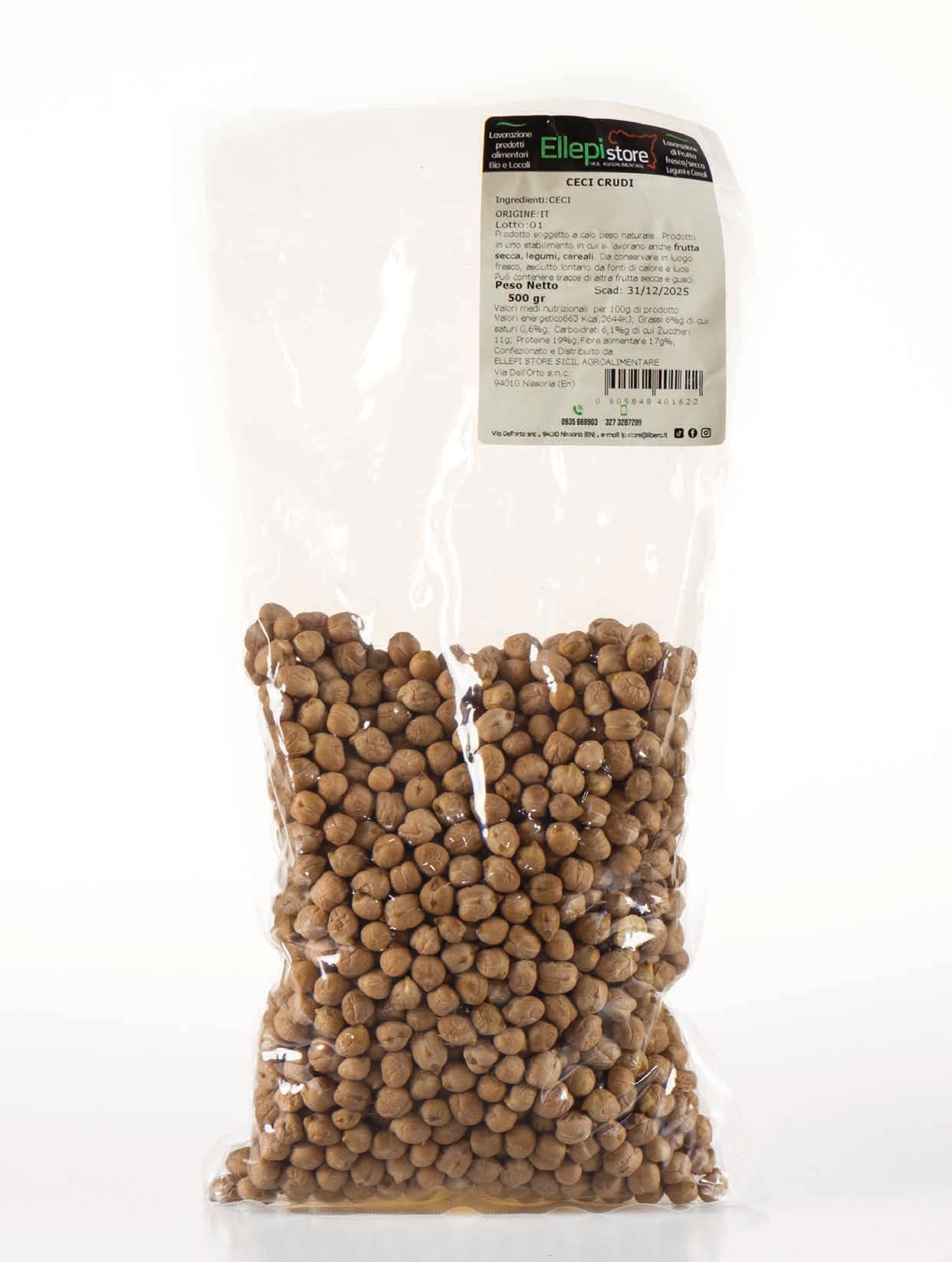 A bag of chickpeas is placed on a white surface.