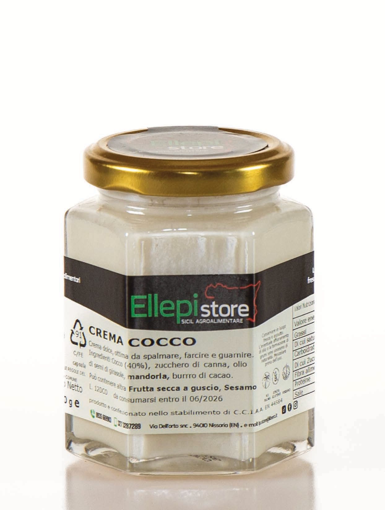 Un barattolo di crema cocco ellepstore è appoggiato su una superficie bianca.