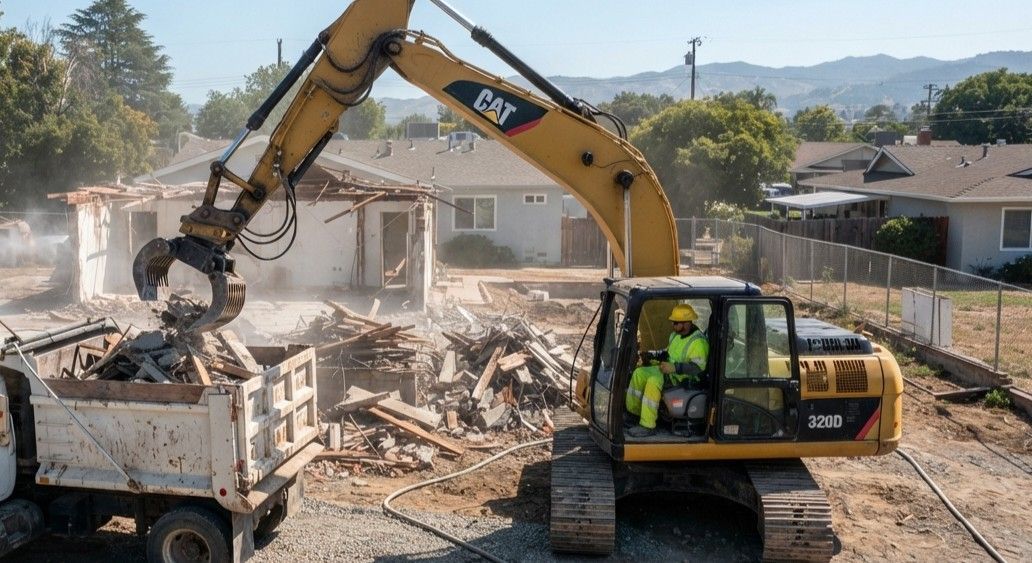 Demolition workers managing debris during structural removal