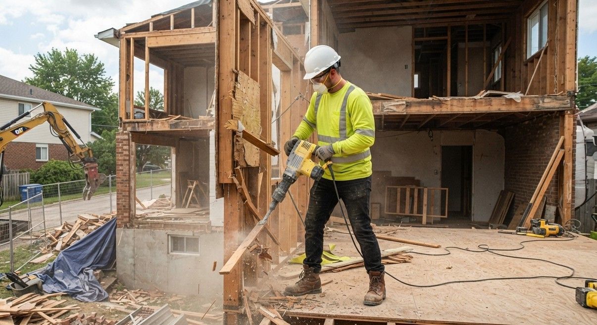 Demolition workers actively removing a residential structure